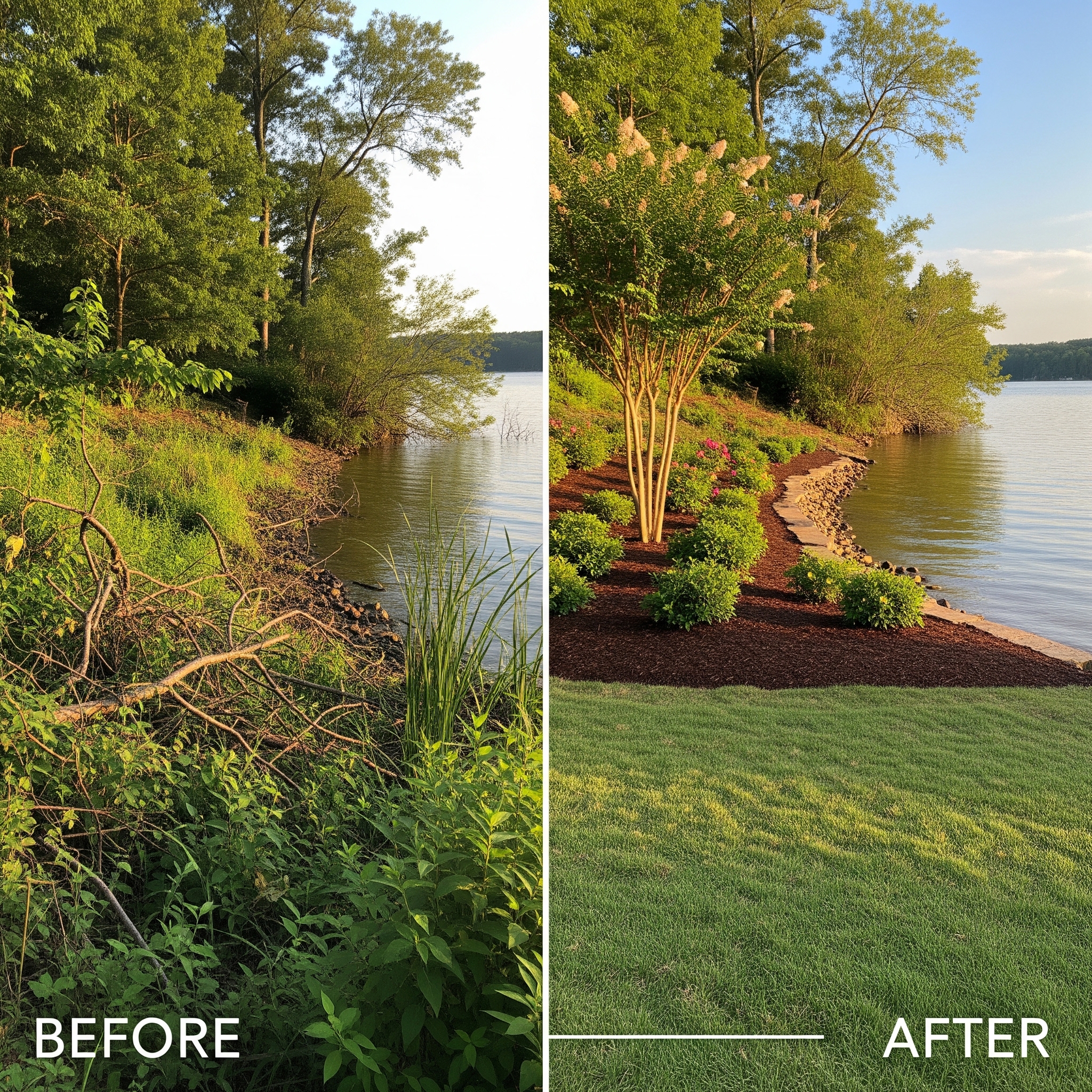 Before and after forestry mulching lakefront property in Mooresville NC
