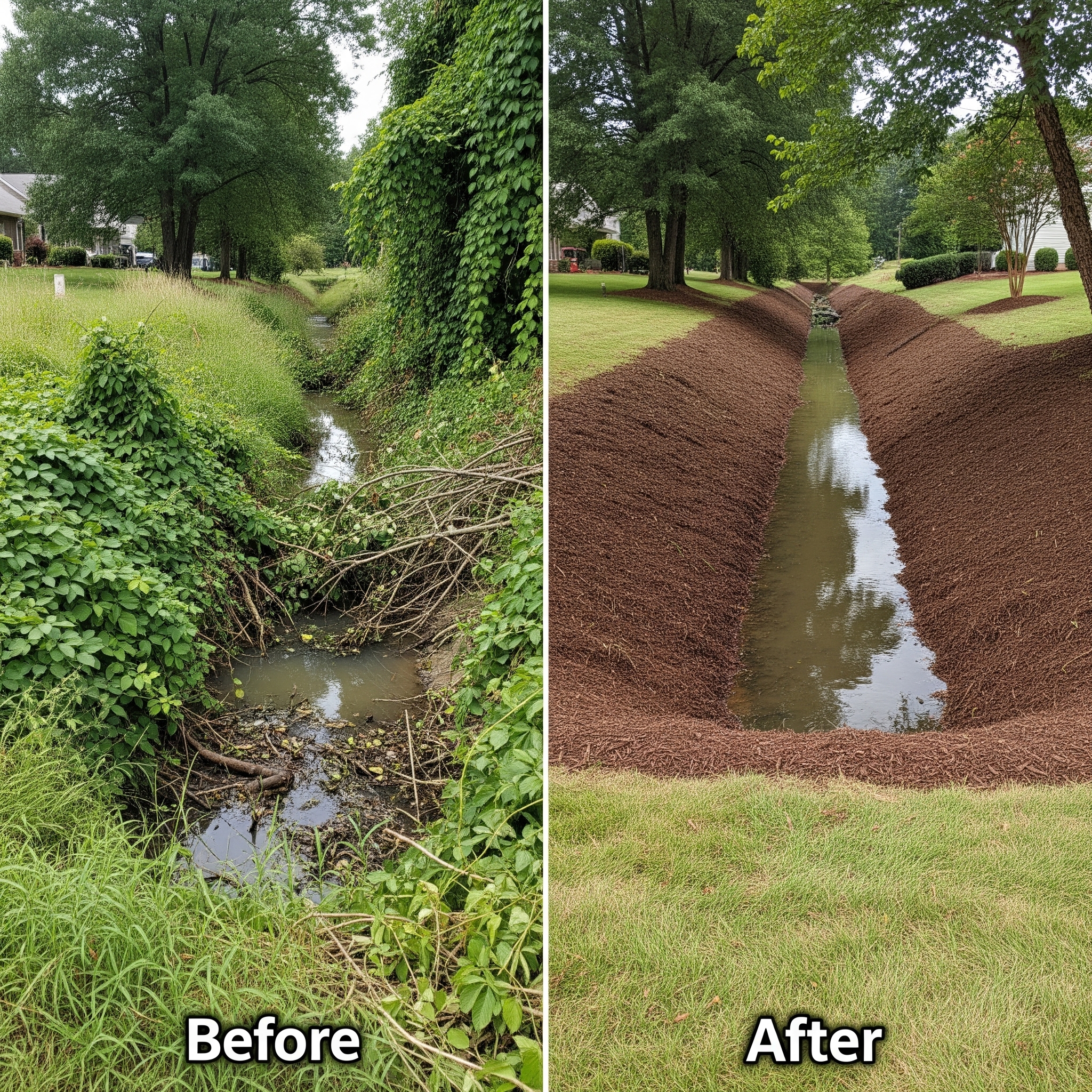 Drainage ditch before and after clearing in Cornelius NC